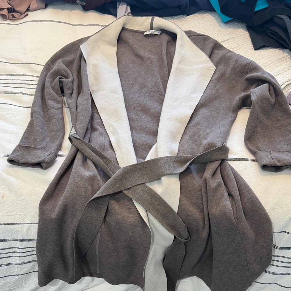 MM Lafleur Two-Tone Shawl Collar Cardigan in Taupe and Cream